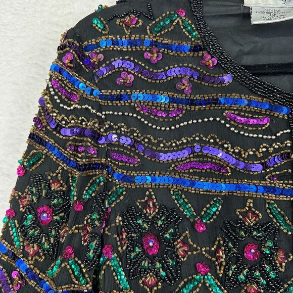 Papell Boutique Evening Vintage 100% Silk Beaded Sequin Jacket 14P Wedding Party - Picture 6 of 16